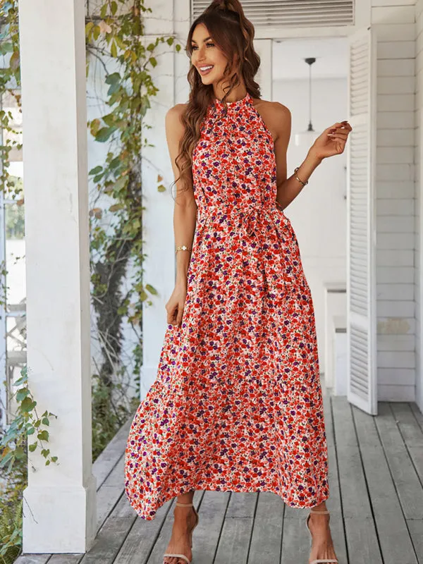 Floral Print Maxi Dress with Halter Neckline and Tiered Skirt