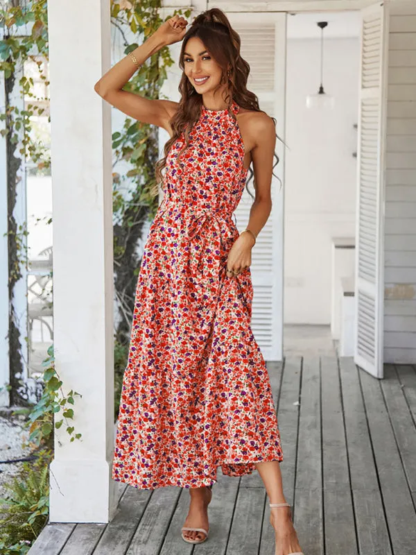 Floral Print Maxi Dress with Halter Neckline and Tiered Skirt