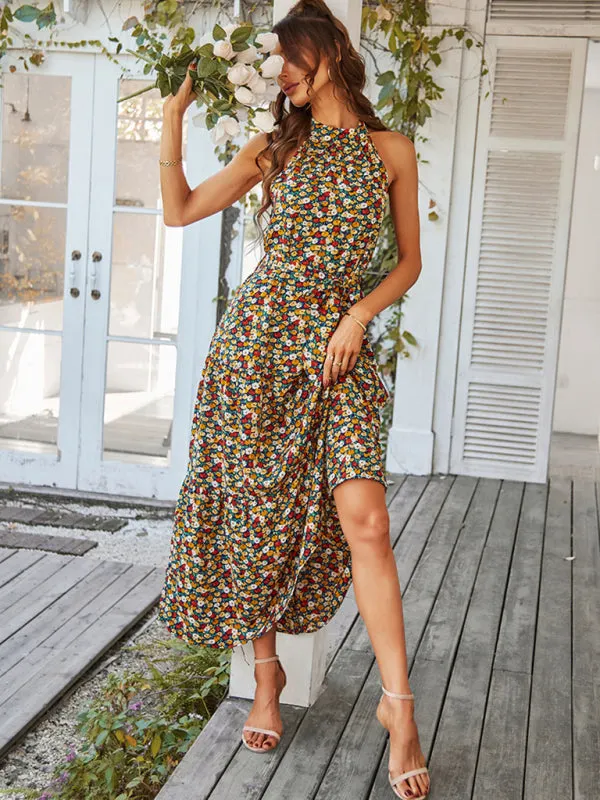 Floral Print Maxi Dress with Halter Neckline and Tiered Skirt