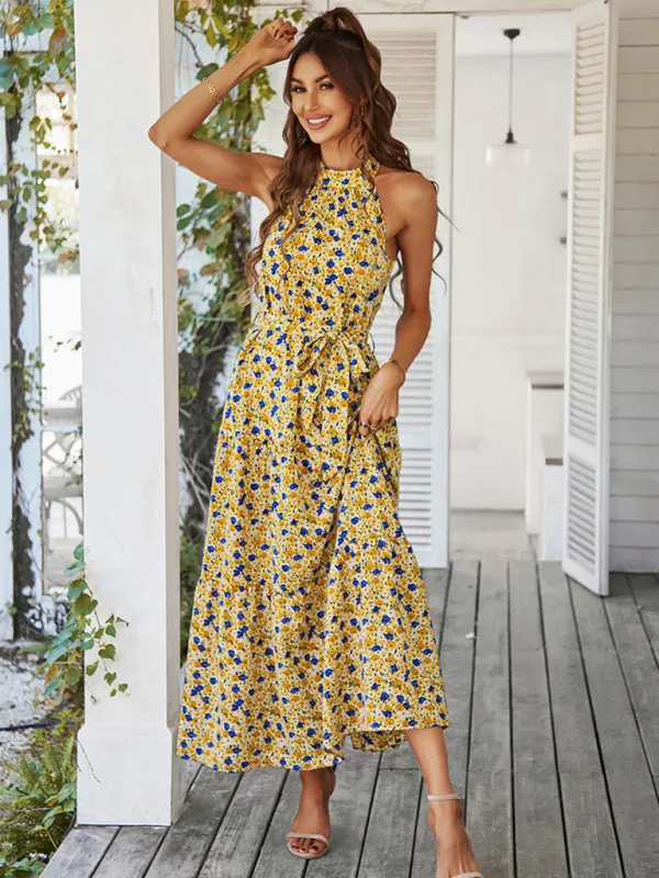 Floral Print Maxi Dress with Halter Neckline and Tiered Skirt