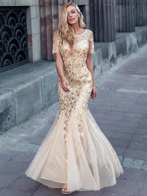 Floral Sequin Print Maxi Long Fishtail Tulle Formal Dresses
