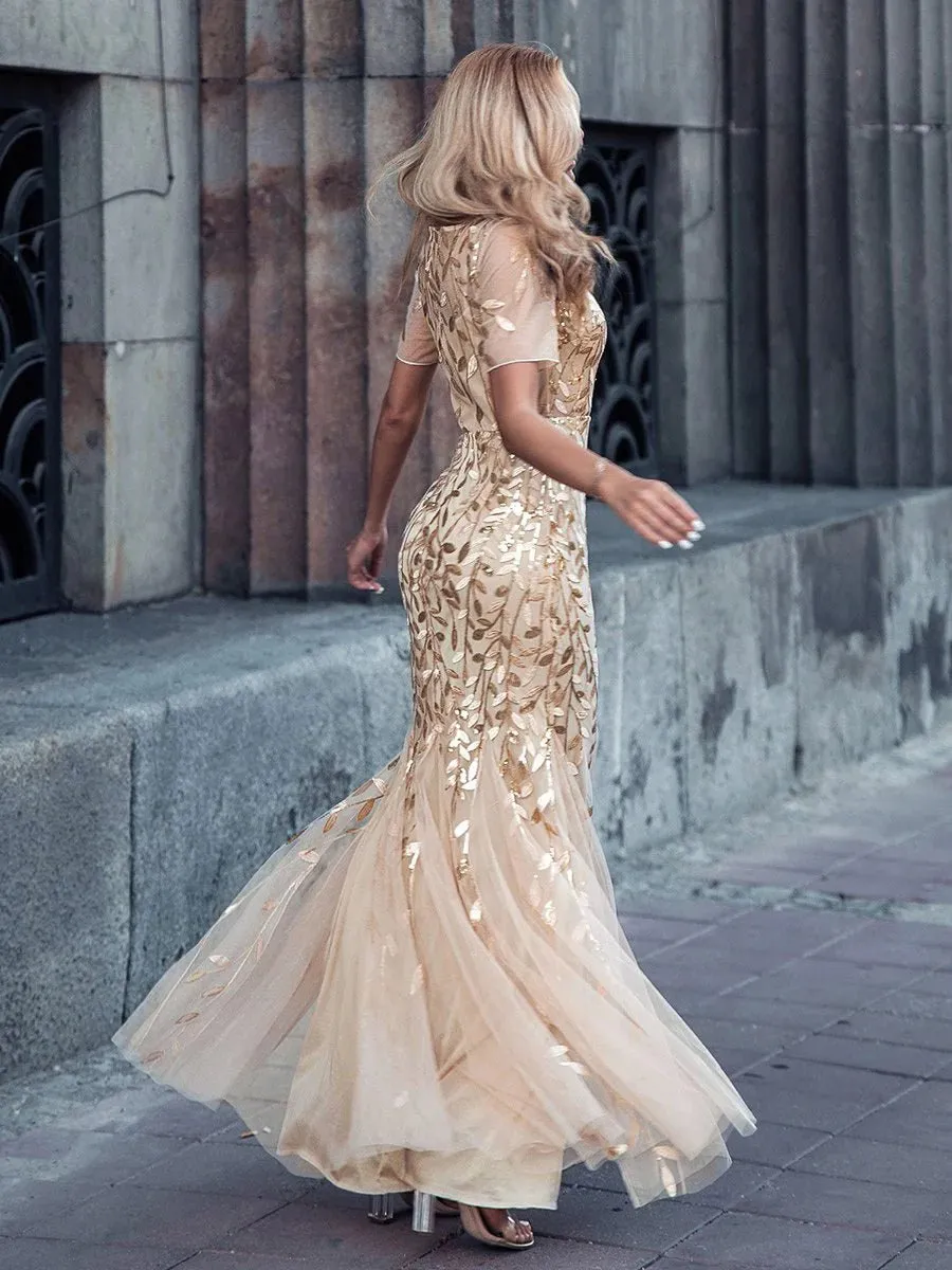 Floral Sequin Print Maxi Long Fishtail Tulle Formal Dresses