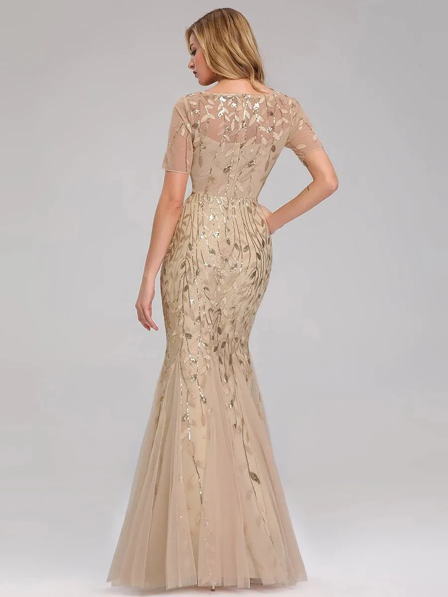 Floral Sequin Print Maxi Long Fishtail Tulle Formal Dresses