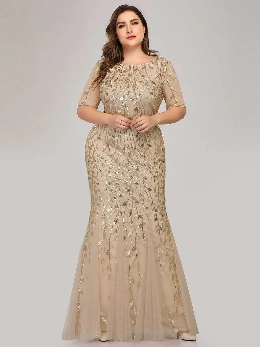 Floral Sequin Print Maxi Long Fishtail Tulle Formal Dresses