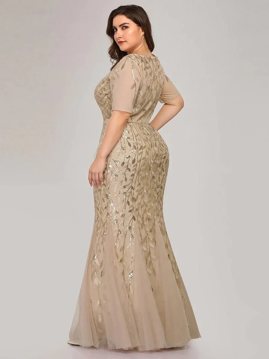 Floral Sequin Print Maxi Long Fishtail Tulle Formal Dresses