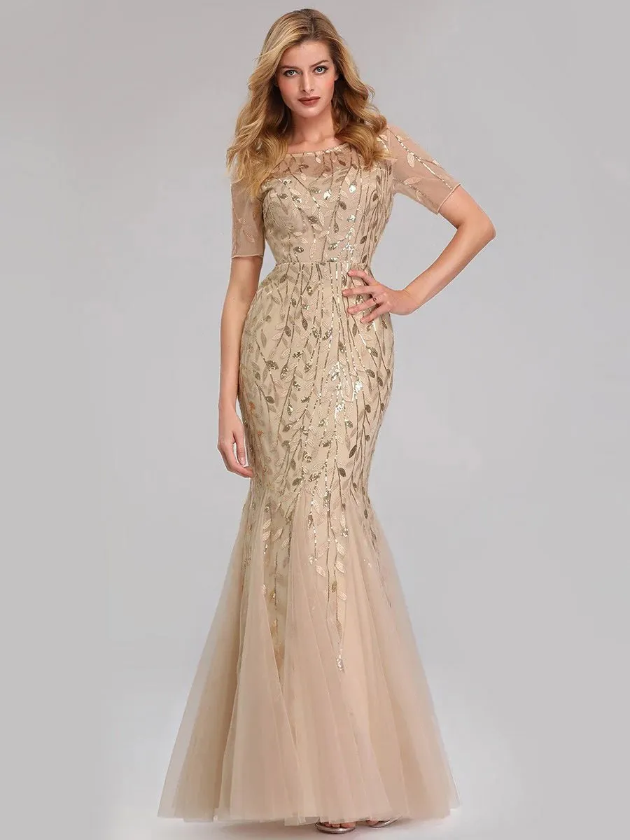 Floral Sequin Print Maxi Long Fishtail Tulle Formal Dresses