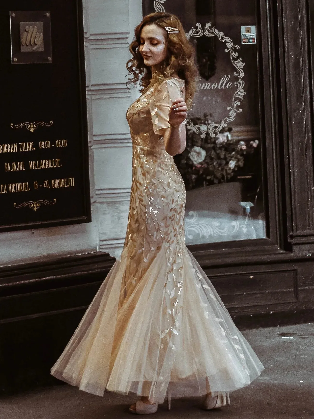 Floral Sequin Print Maxi Long Fishtail Tulle Formal Dresses