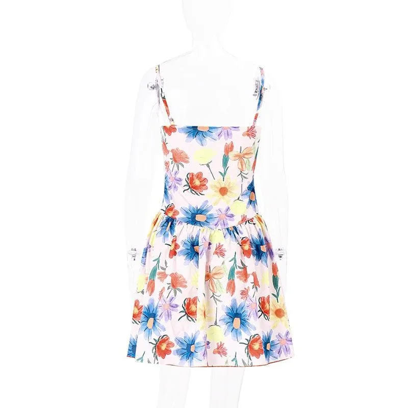 Flower contrast print backless ruched sweetheart neck cami dress - Final Sale