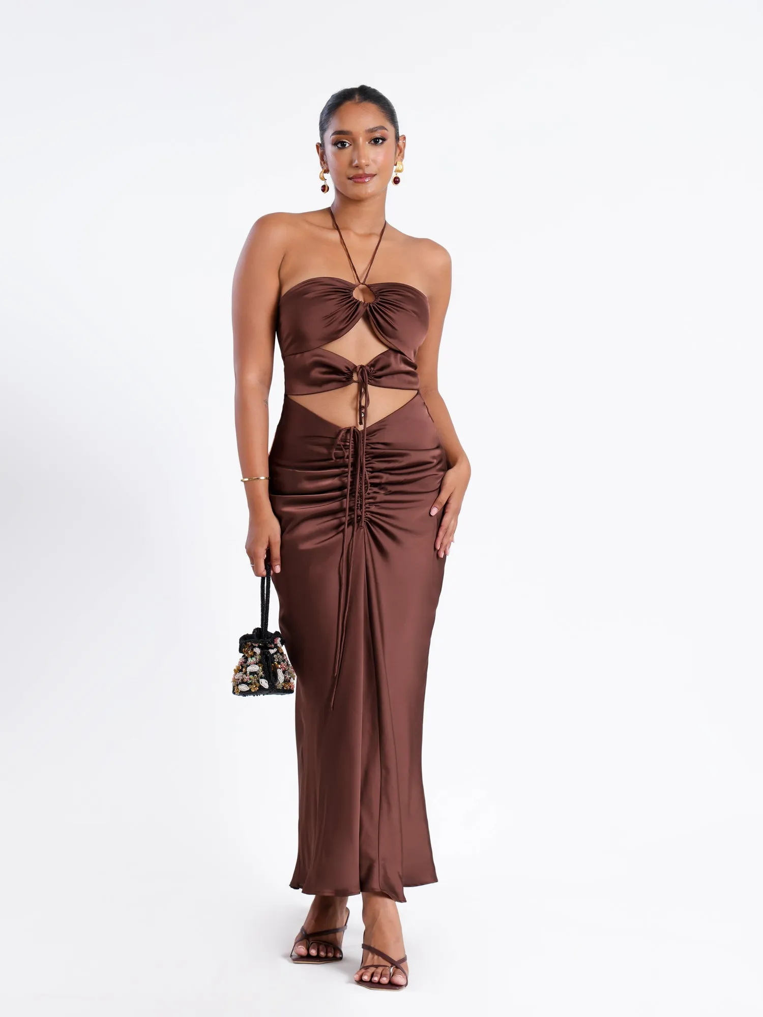 Flower Detailed Ruched Satin Midi Dress