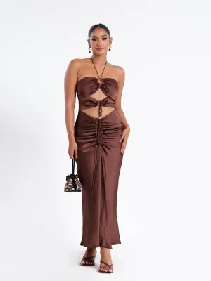 Flower Detailed Ruched Satin Midi Dress