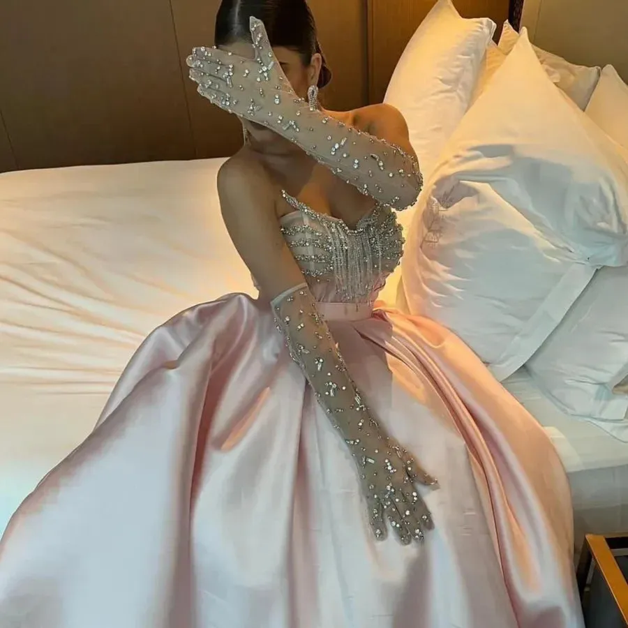 Fortunate Evening Elegant Pink Vintage Sexy Beading Sequined Crystal Gloves Formal Occasion Prom Dress Evening Party Gowns