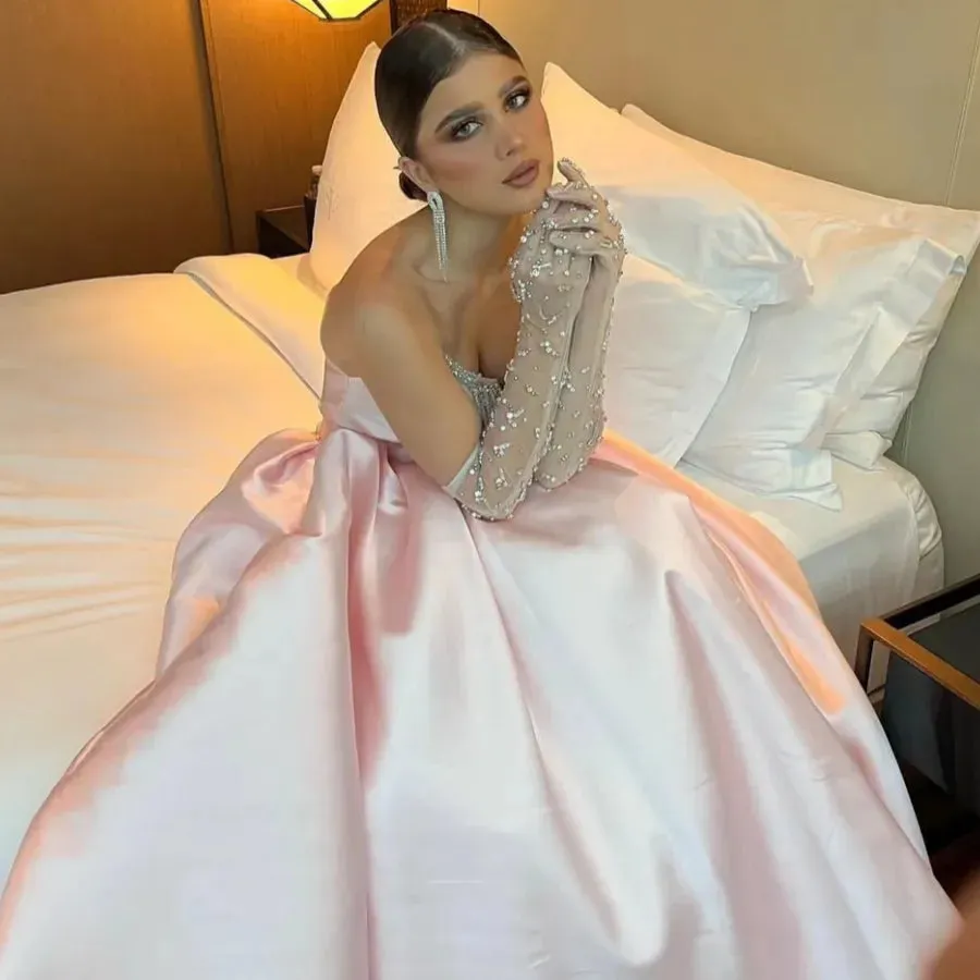 Fortunate Evening Elegant Pink Vintage Sexy Beading Sequined Crystal Gloves Formal Occasion Prom Dress Evening Party Gowns
