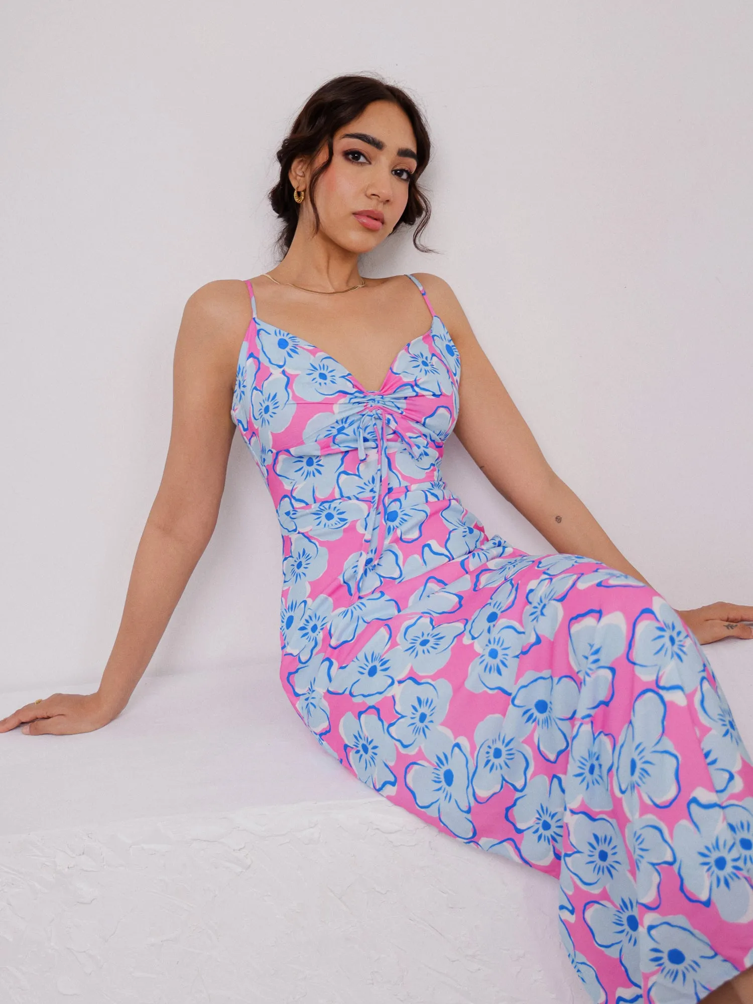 Front Ruched Sleeveless Printed Maxi Dress