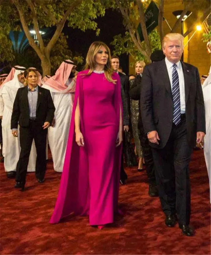 Fuchsia Arabic Celebrity Dresses Long Sleeve Floor Length Dubai Red Carpet Evening Dress Prom Gowns Beaded Party Gown