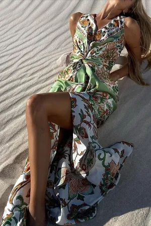 Gaia Satin Unique Paisley Print Central Twist Knot Detail Slit Maxi Dress