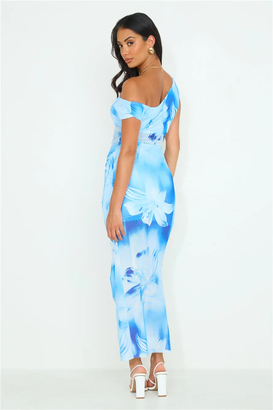 Girly Romance Off Shoulder Mesh Maxi Dress Blue