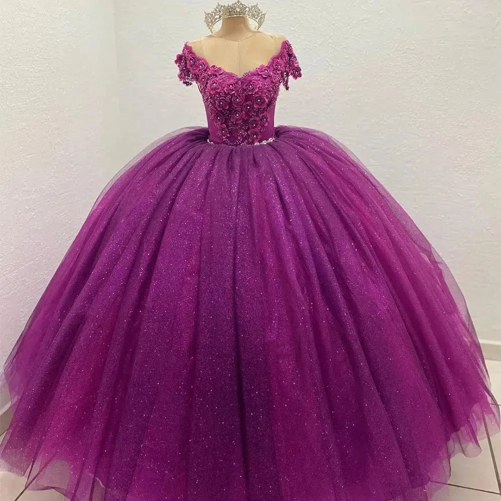 Glittering Crystal Floral Quinceanera Dresses Vestidos De 15 Anos 3D Flowers Lace Applique Princess Birthday Gowns