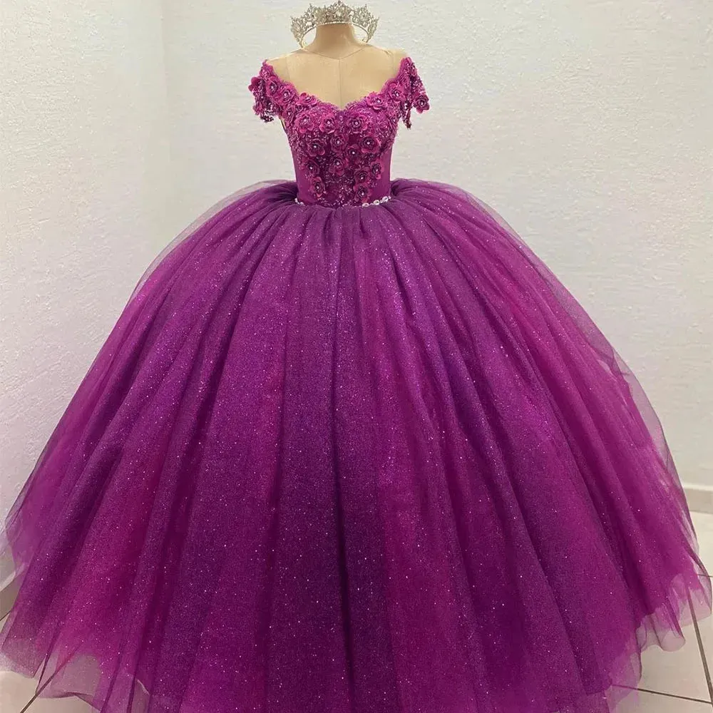 Glittering Crystal Floral Quinceanera Dresses Vestidos De 15 Anos 3D Flowers Lace Applique Princess Birthday Gowns