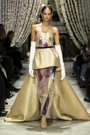 Gold Gazar Strapless Gown with Odisha Ikat Embroidery and Cascade Train