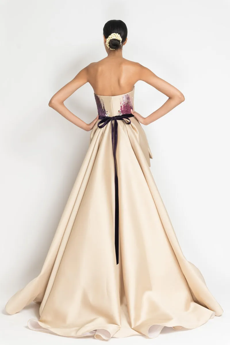 Gold Gazar Strapless Gown with Odisha Ikat Embroidery and Cascade Train