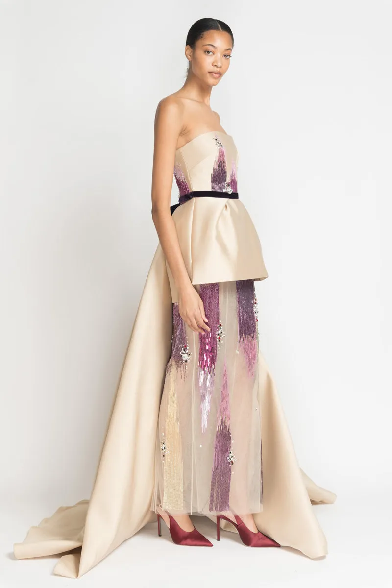 Gold Gazar Strapless Gown with Odisha Ikat Embroidery and Cascade Train
