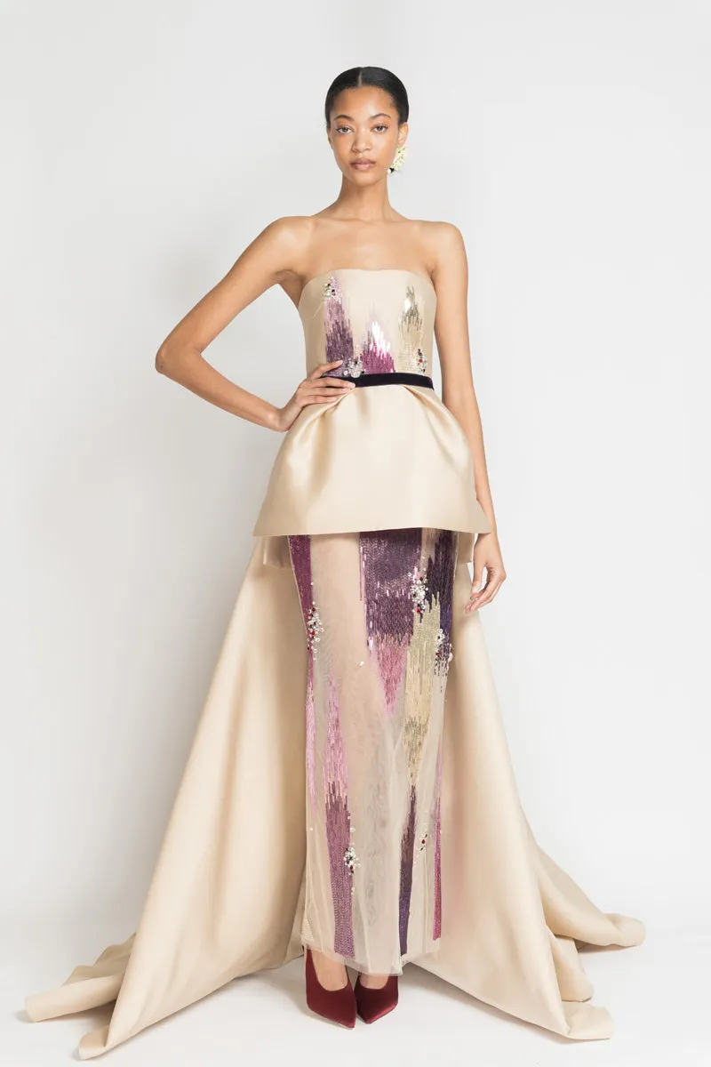 Gold Gazar Strapless Gown with Odisha Ikat Embroidery and Cascade Train