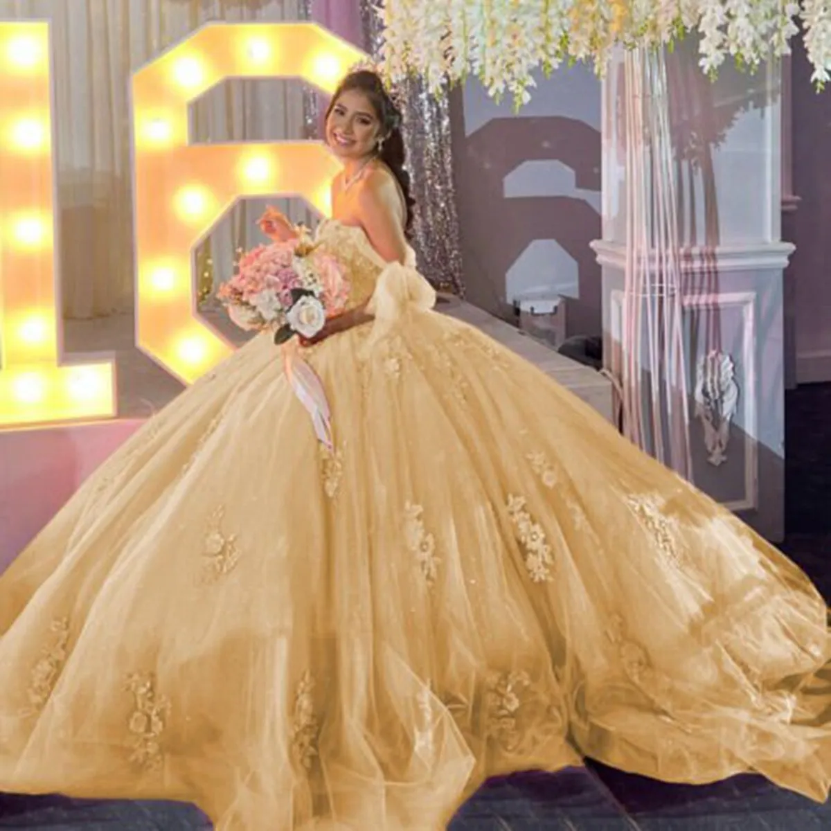 Gold Off Shoulder Quinceanera Dresses Lace Dresses with Appliques
