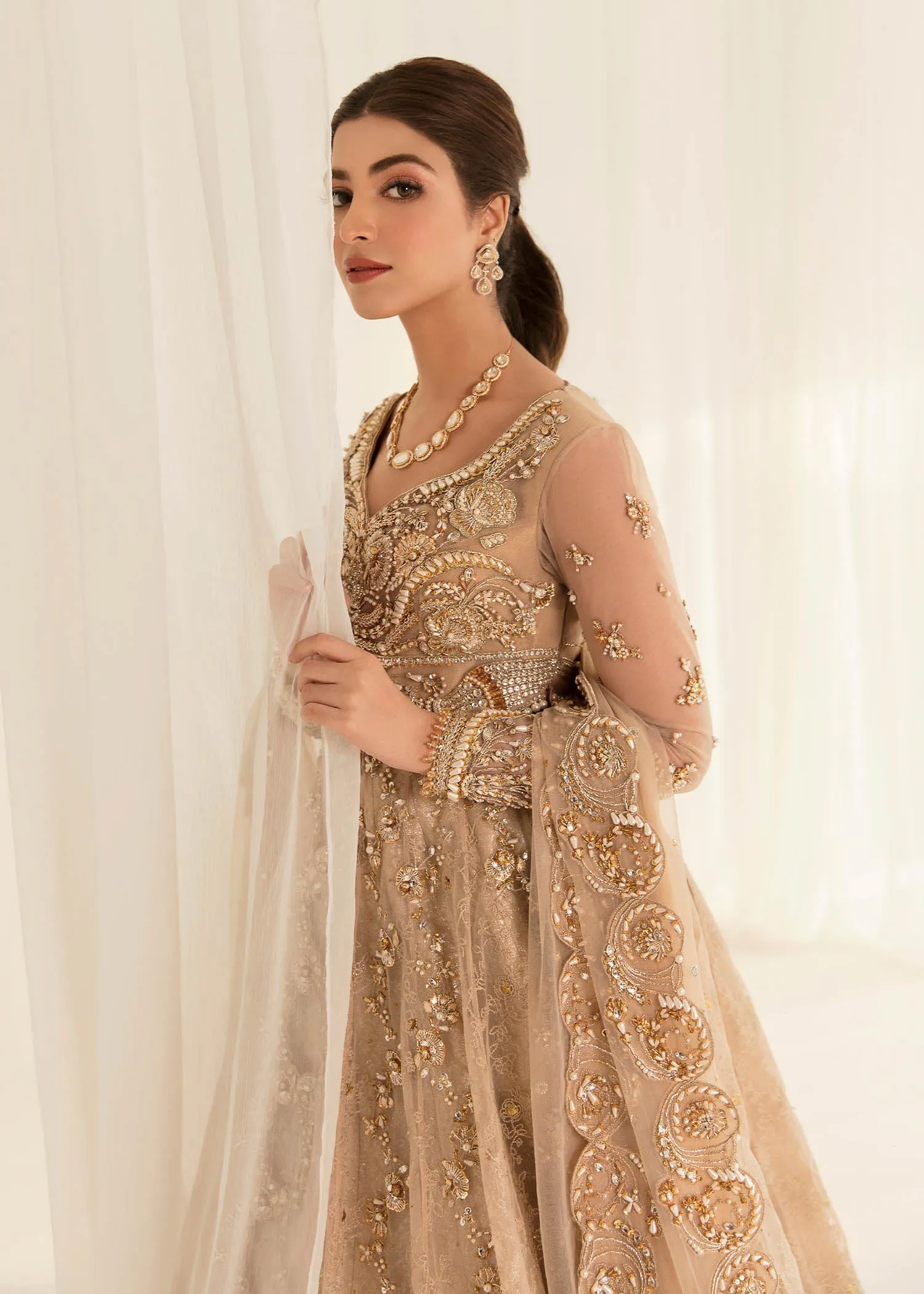 Golden Gown Lehenga Dress for Pakistani Bridal Wear