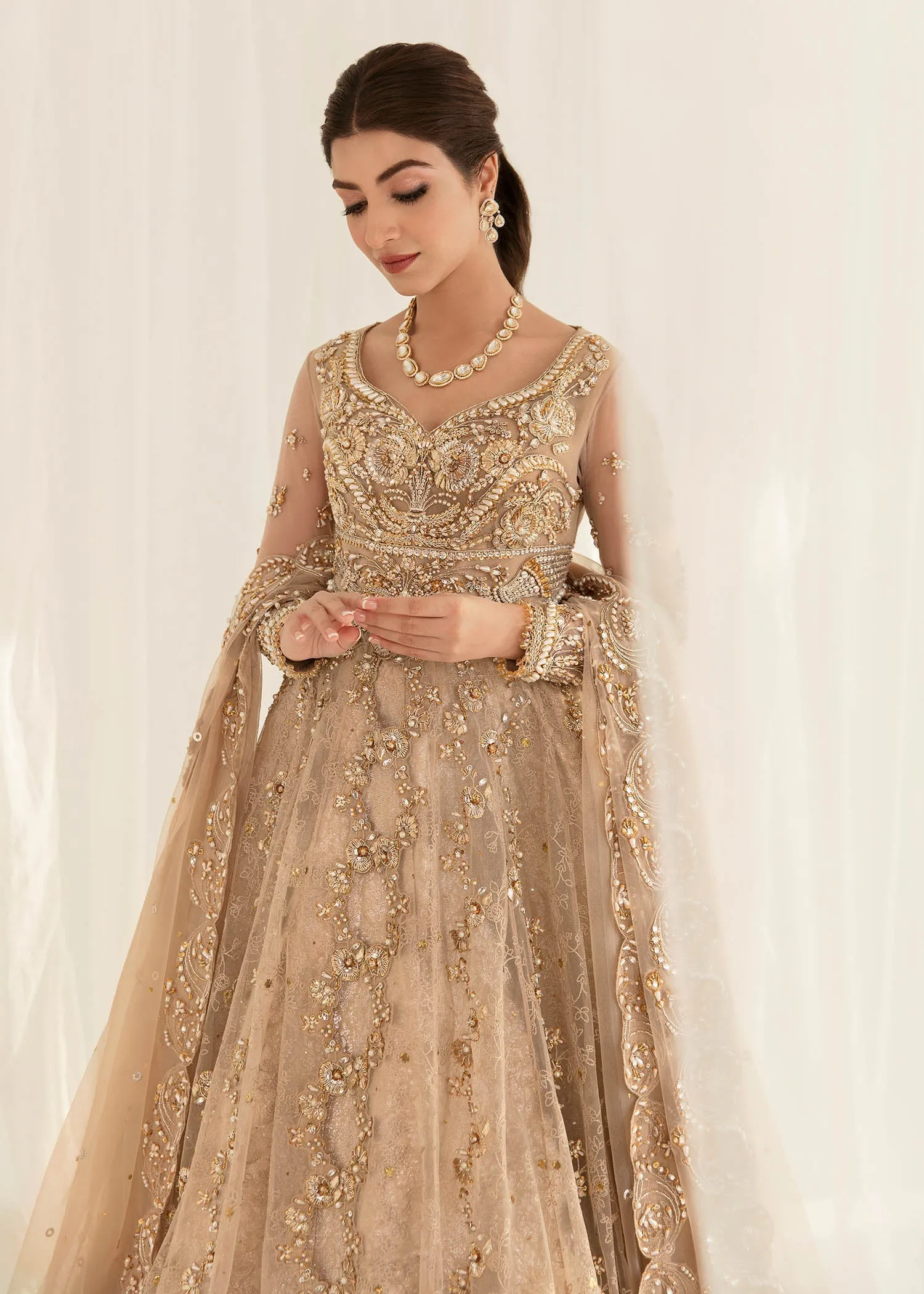 Golden Gown Lehenga Dress for Pakistani Bridal Wear