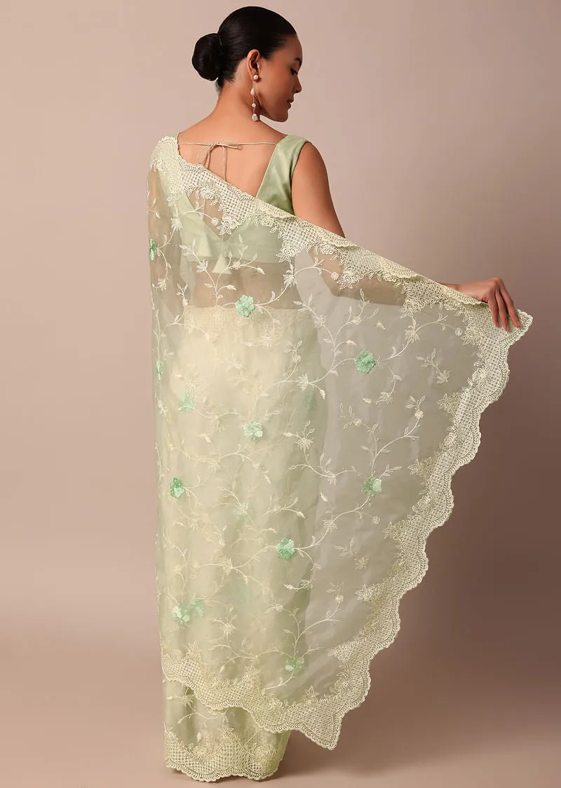 Green Chikankari Saree In Organza Silk With Resham Floral Jaal