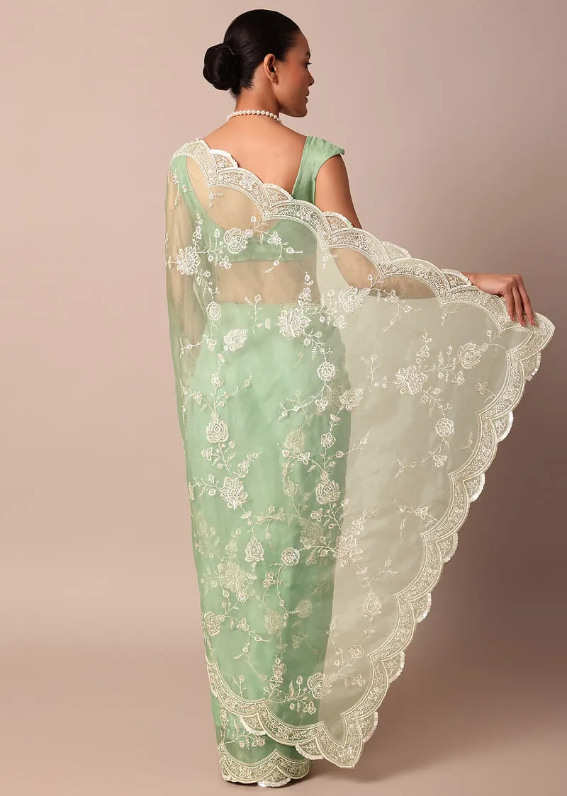 Green Chikankari Saree In Organza Silk With Sequin Scallop