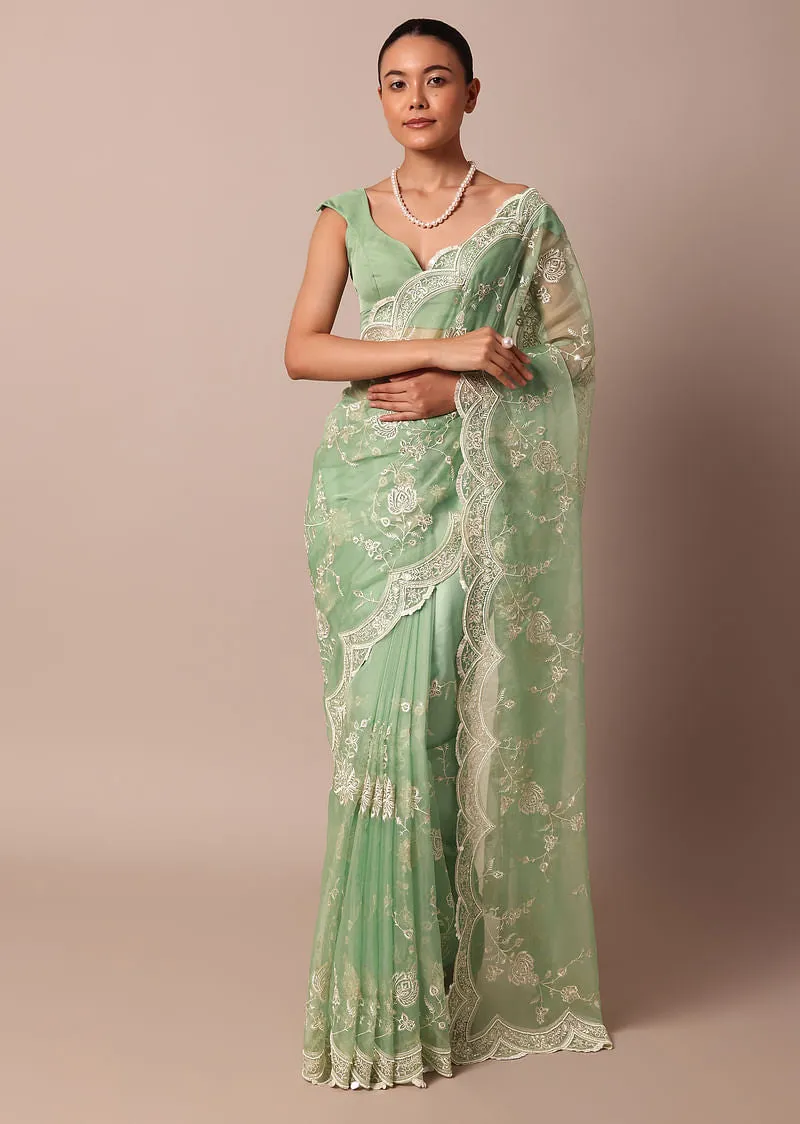 Green Chikankari Saree In Organza Silk With Sequin Scallop