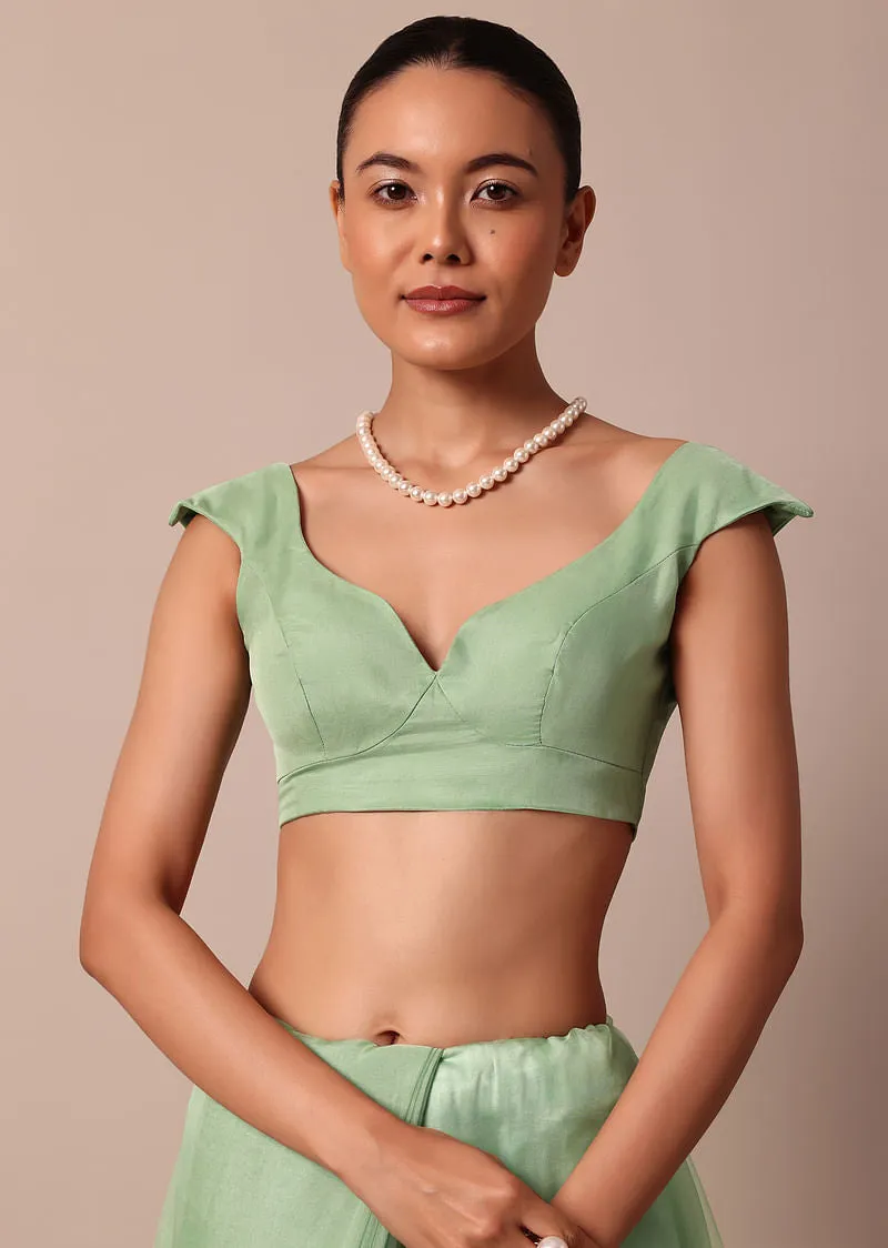 Green Chikankari Saree In Organza Silk With Sequin Scallop