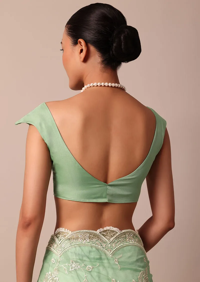 Green Chikankari Saree In Organza Silk With Sequin Scallop
