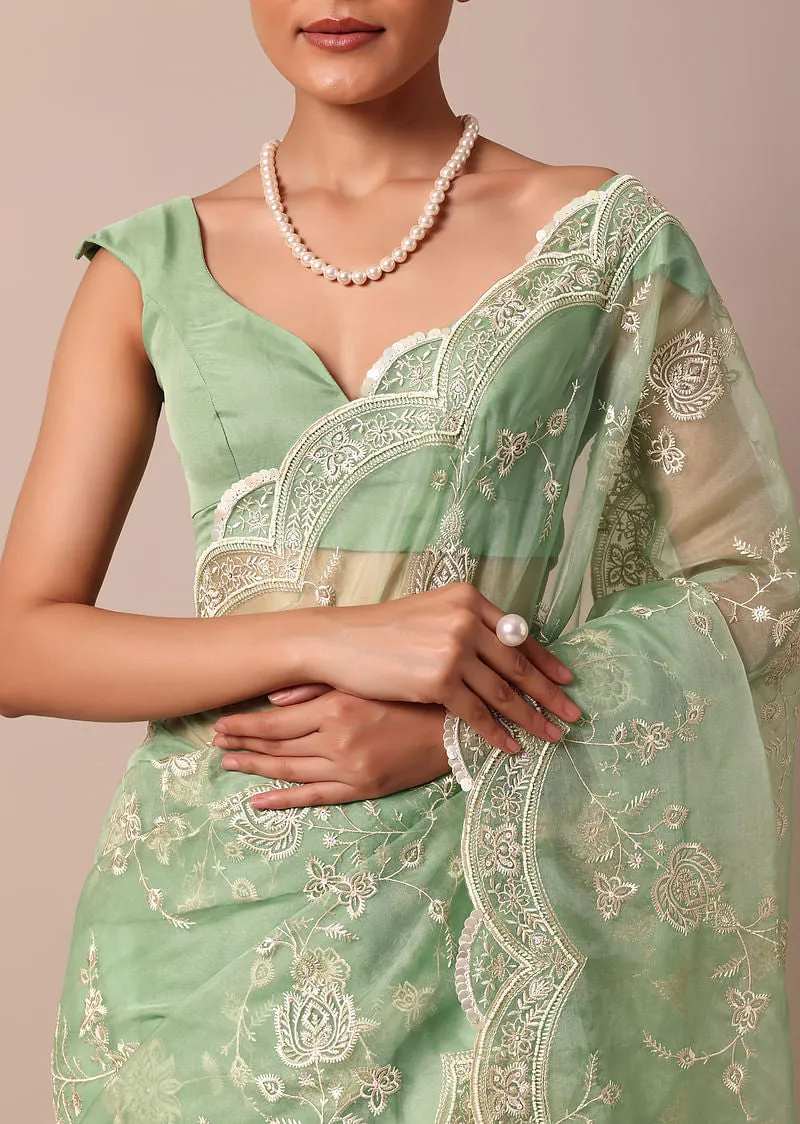 Green Chikankari Saree In Organza Silk With Sequin Scallop