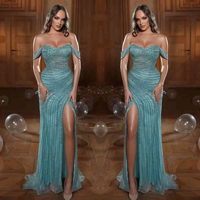 Green Evening Dress Prom Dress with Sequins Slit Strapless Off-the-Shoulder