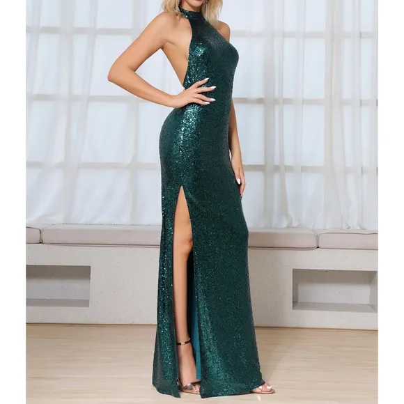 Green Halter Backless Slit Evening Sequin Dress