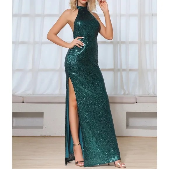 Green Halter Backless Slit Evening Sequin Dress