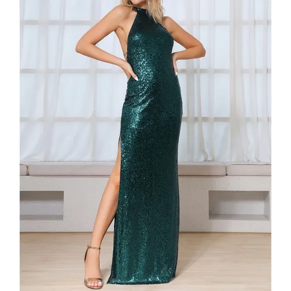 Green Halter Backless Slit Evening Sequin Dress