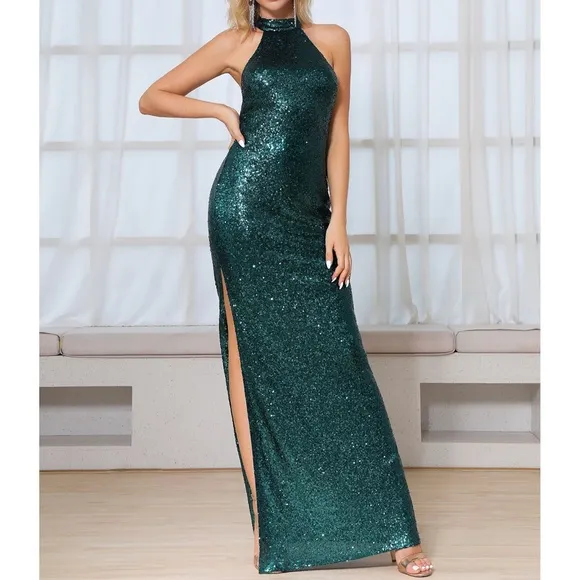 Green Halter Backless Slit Evening Sequin Dress