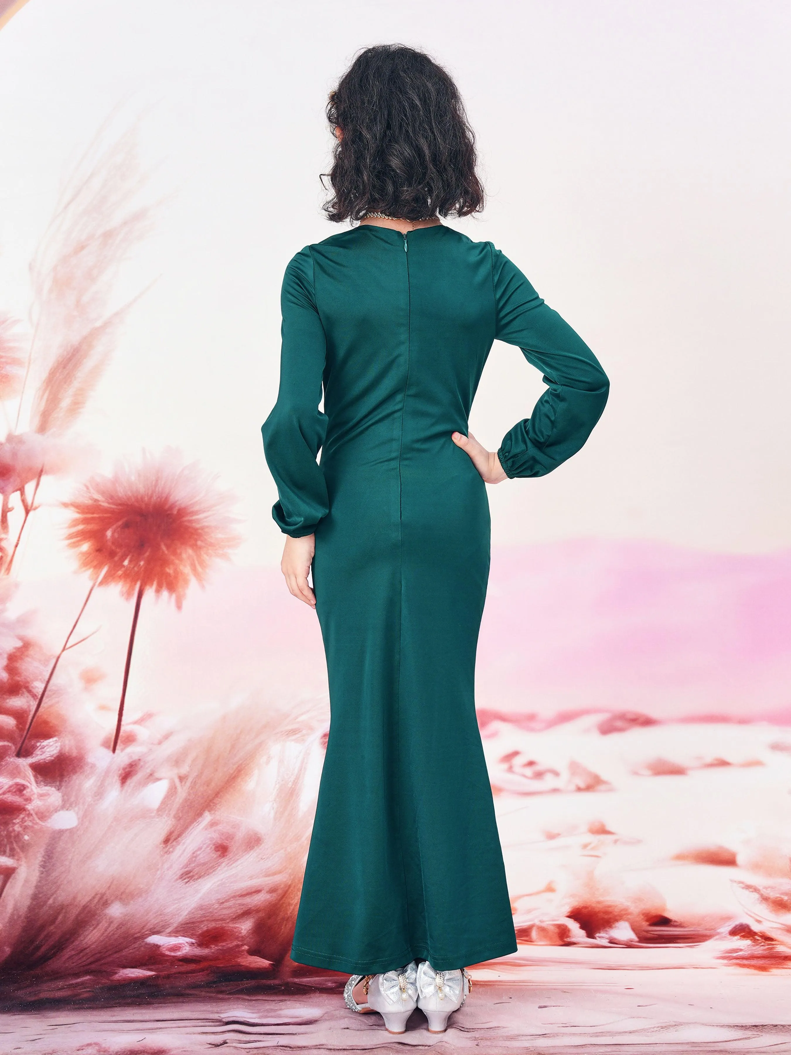 Green Long Sleeve Teen Girl Formal Dress CXH1496