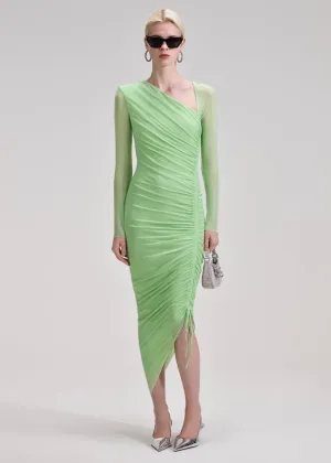 Green Mesh Ruched Midi Dress (Green)