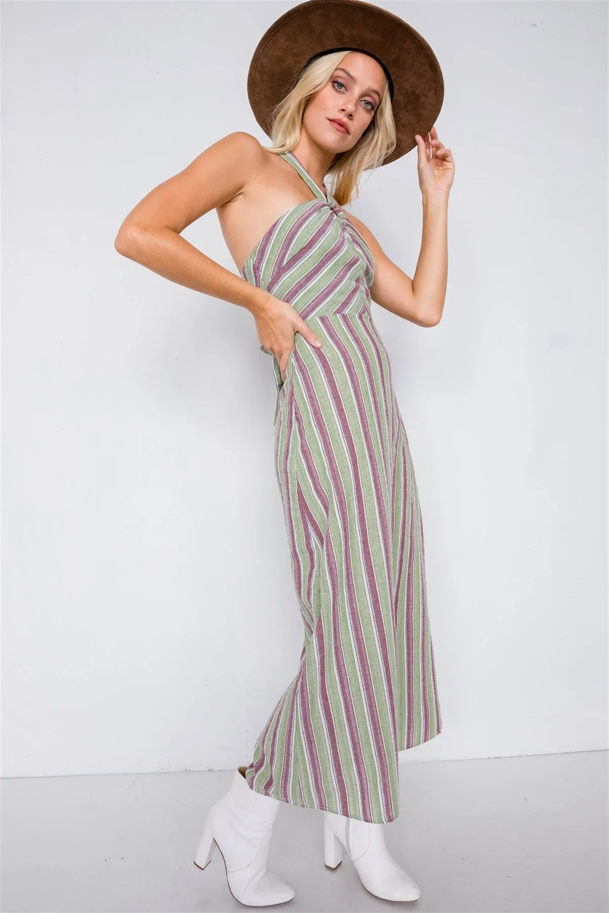 Green Multi Stripe Wooden Center Cut Out Halter Maxi Dress