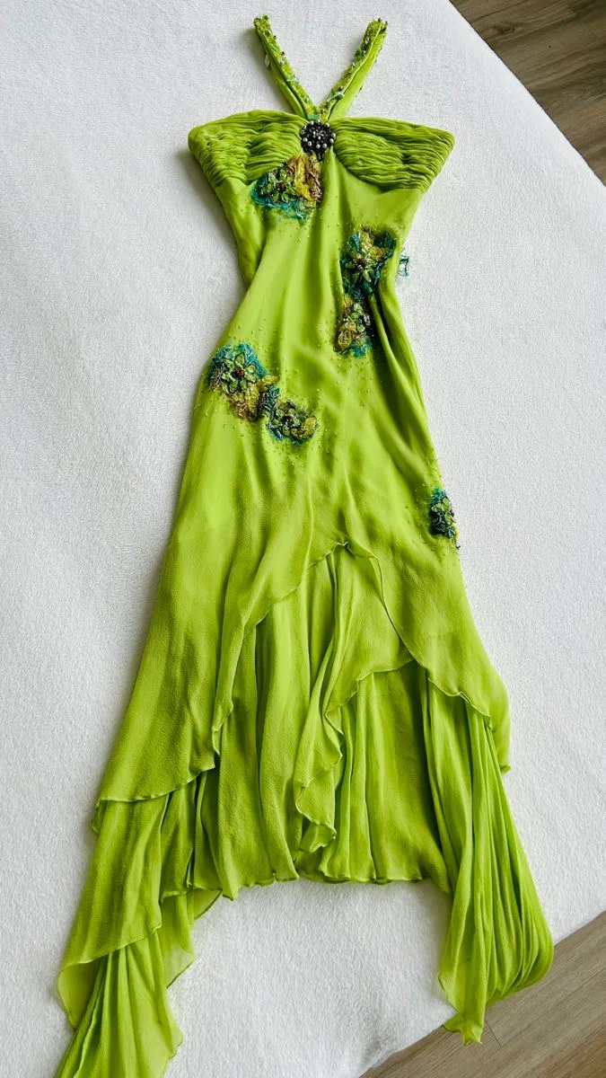 Green Straps Sheath Beading Chiffon Vintage Long Evening Party Dress, D572