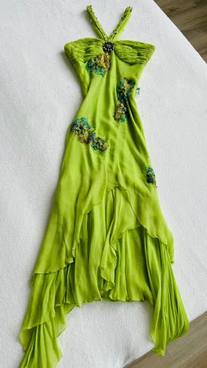 Green Straps Sheath Beading Chiffon Vintage Long Evening Party Dress, D572
