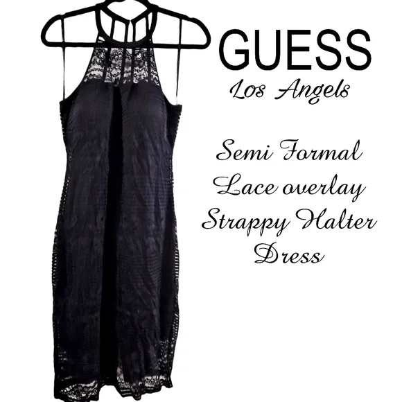 GUESS Los Angeles Semi formal Black Lace overlay Halter dress
