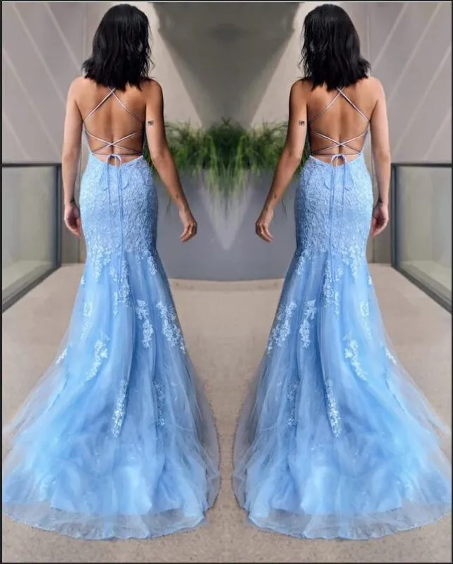 Halter Mermaid Prom Dress in Sky Blue