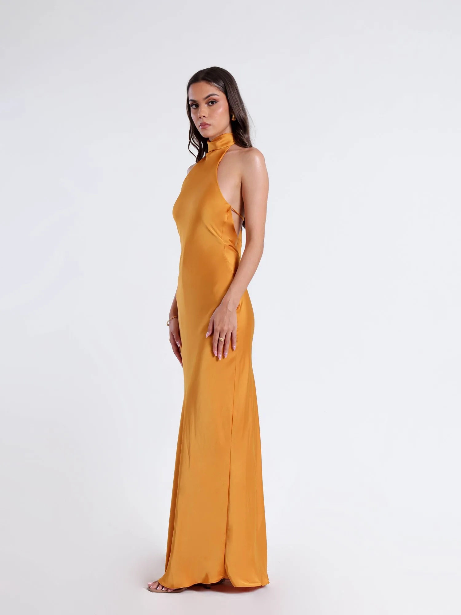 Halter Neck Back Tie Up Bias Satin Maxi Dress