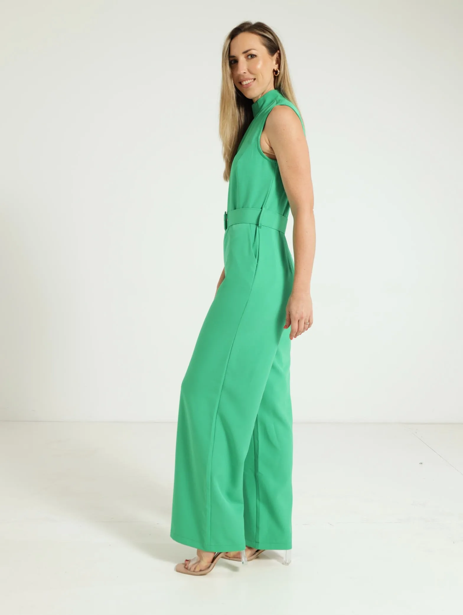 Halter Neck Belted Jumpsuit - Green