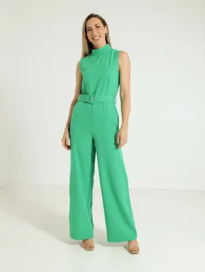Halter Neck Belted Jumpsuit - Green